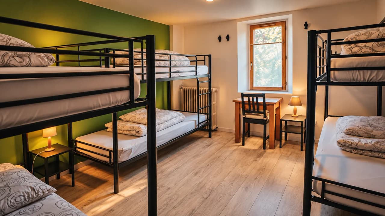 Gezellige kamer met stapelbedden en uitzicht op de Pyreneeën, ideaal voor avonturiers.