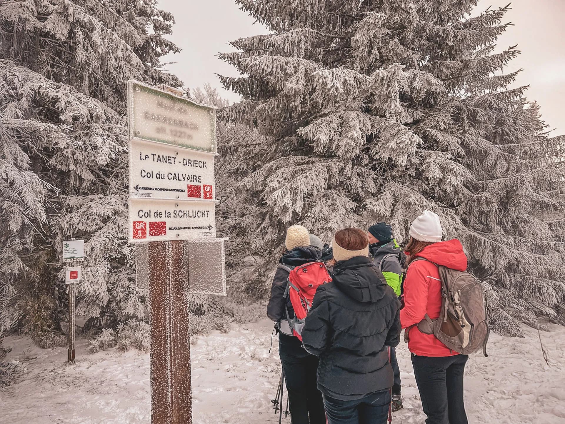 Een wandelaar glijdt op sneeuwschoenen door de sneeuw van de Vogezen, omringd door magische landschappen.