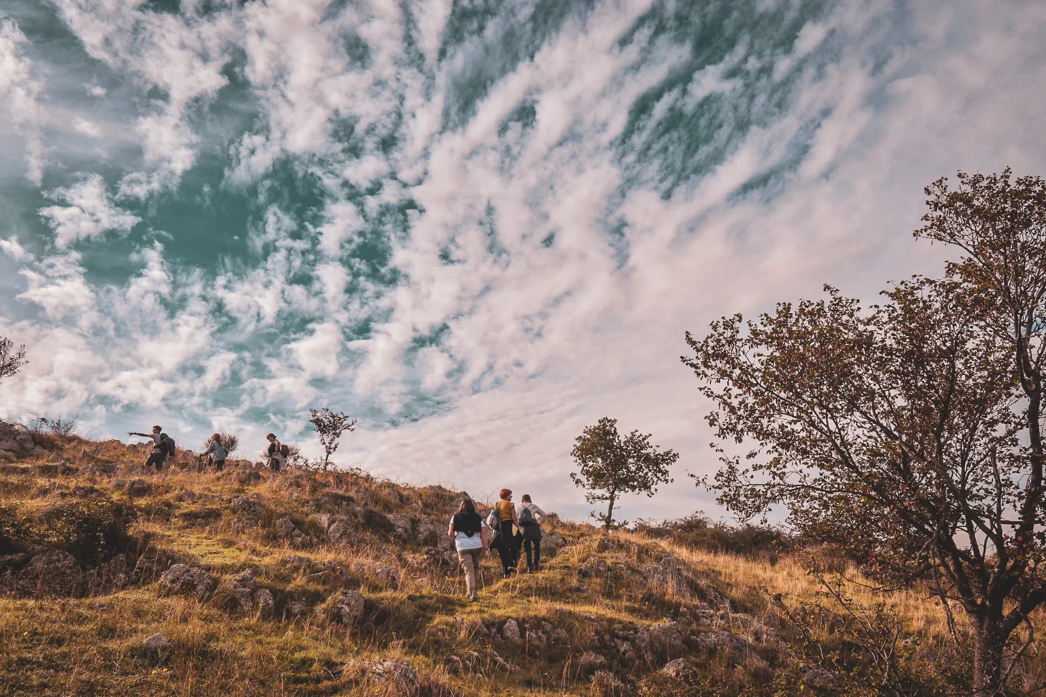 A group of hikers on a golden hill, under a cloudy sky, in the heart of the Italian countryside.