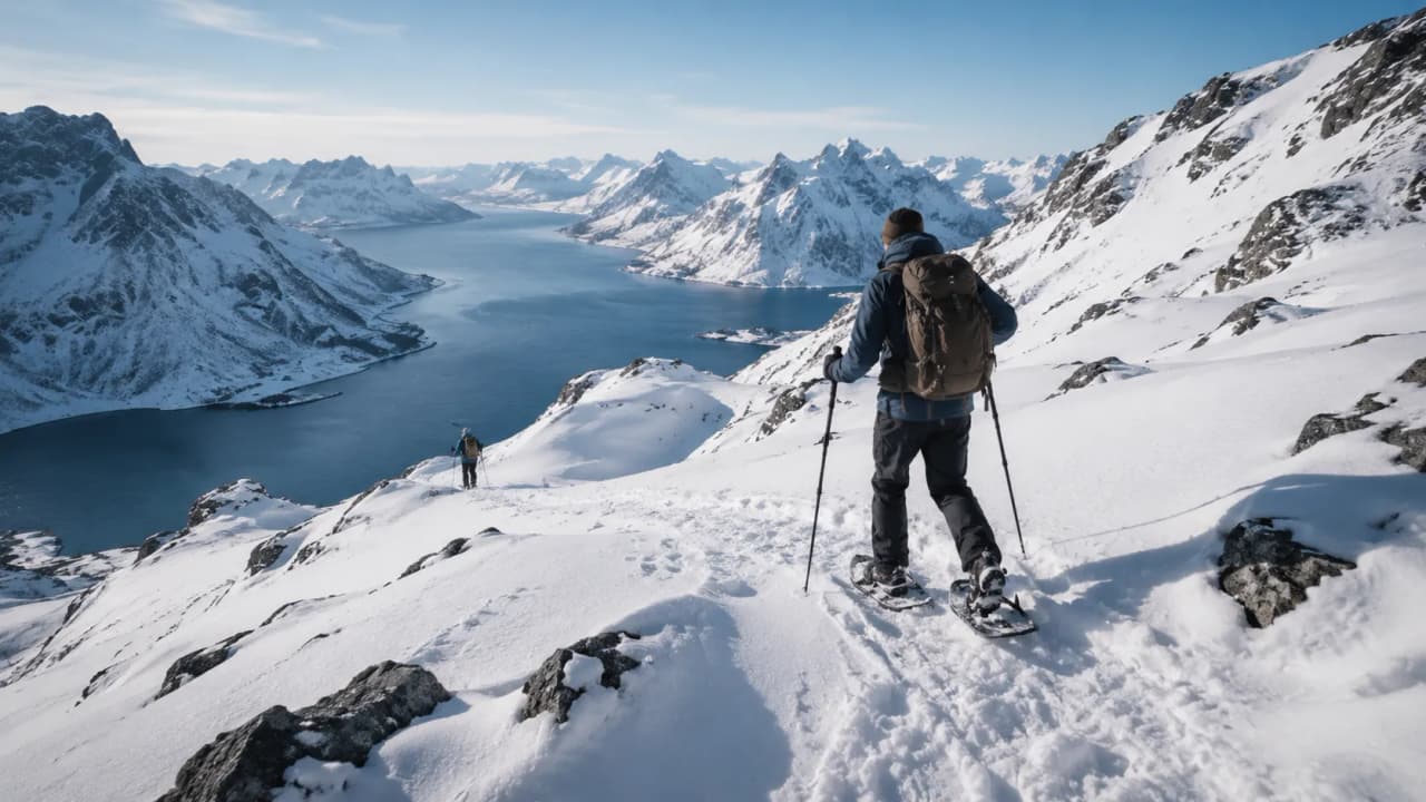 A snowshoe hiker facing an icy fjord under a bright dawn sky in Senja.