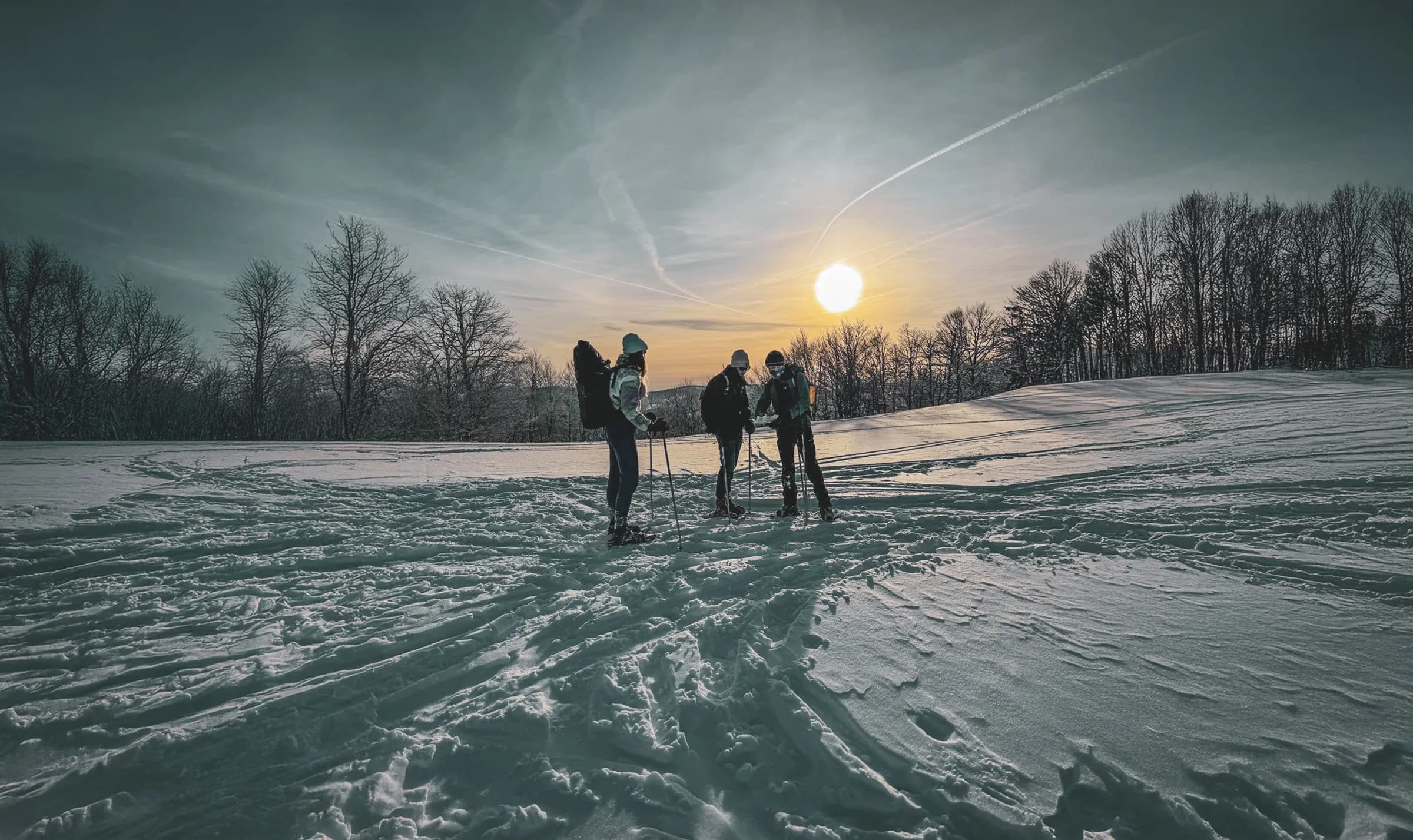 Un groupe de randonneurs en raquettes, sous un ciel d'hiver doré, explore la crête des Vosges enneigée.