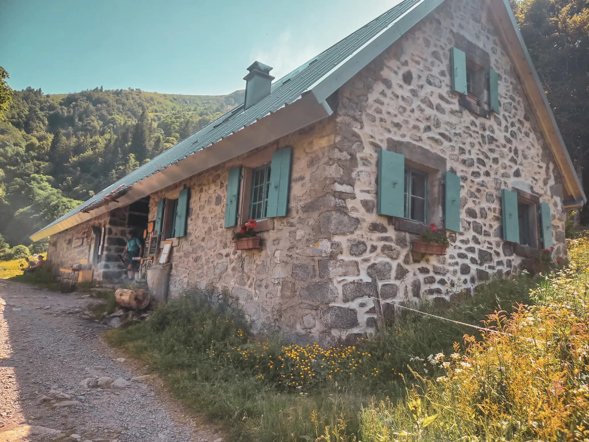 Stone house with turquoise shutters, surrounded by greenery and flowers, ideal for nature immersion.