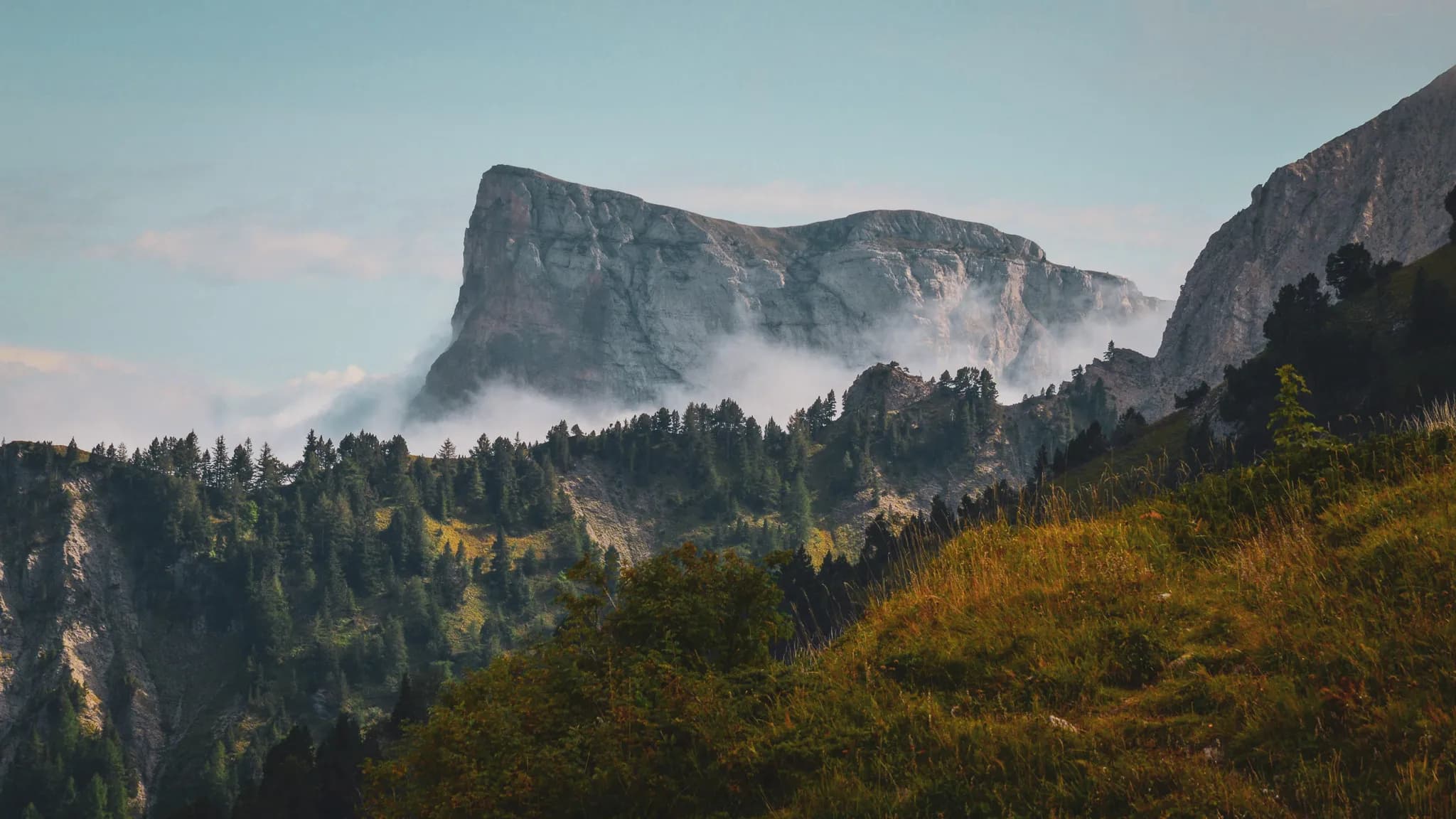 An imposing mountain rising out of the mist, surrounded by the lush green forests of the Vercors. Escape guaranteed!