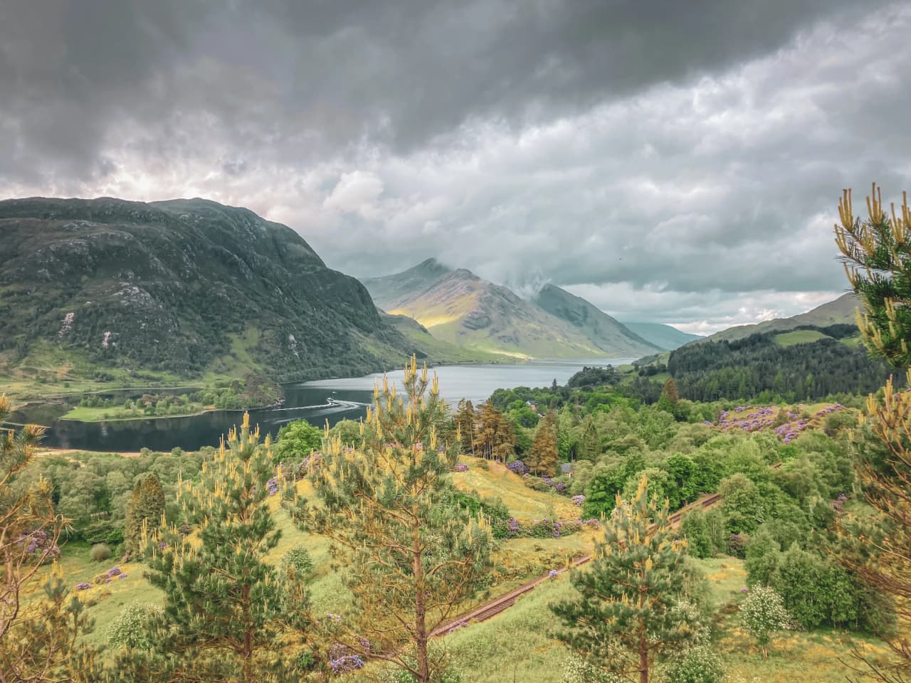 Elegant Scottish peaks overlook a peaceful loch, bordered by wild greenery.