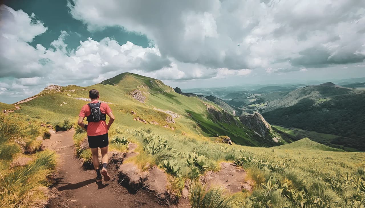Un coureur sur un sentier verdoyant, entouré par les volcans majestueux de l'Auvergne.