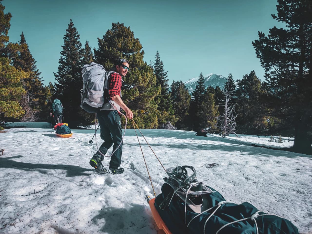 An adventurer pulling a pulka over snowy terrain, surrounded by majestic forests and mountains.