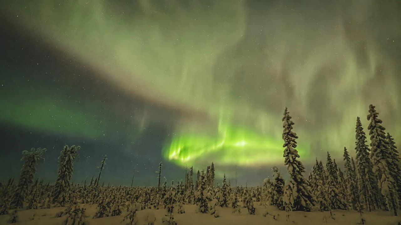 Northern lights illuminating a starry sky over a snow-covered landscape in Lapland. Magical and enchanting.