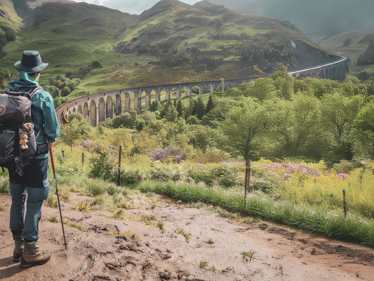 A traveller admiring the viaduct in the green Scottish Highlands. Nature and adventure.