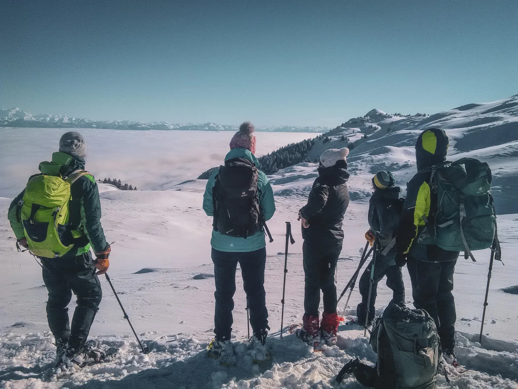 Vijf sneeuwschoenwandelaars bewonderen een besneeuwd landschap in de Zwitserse bergen, onder een blauwe hemel.