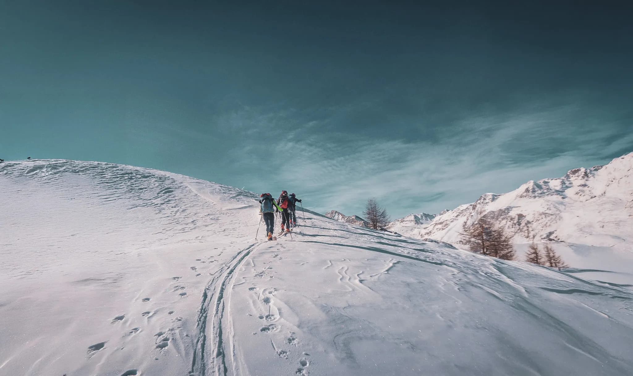 Groupe de randonneurs skiant sur des hauteurs enneigées, avec un ciel bleu vibrant en arrière-plan.