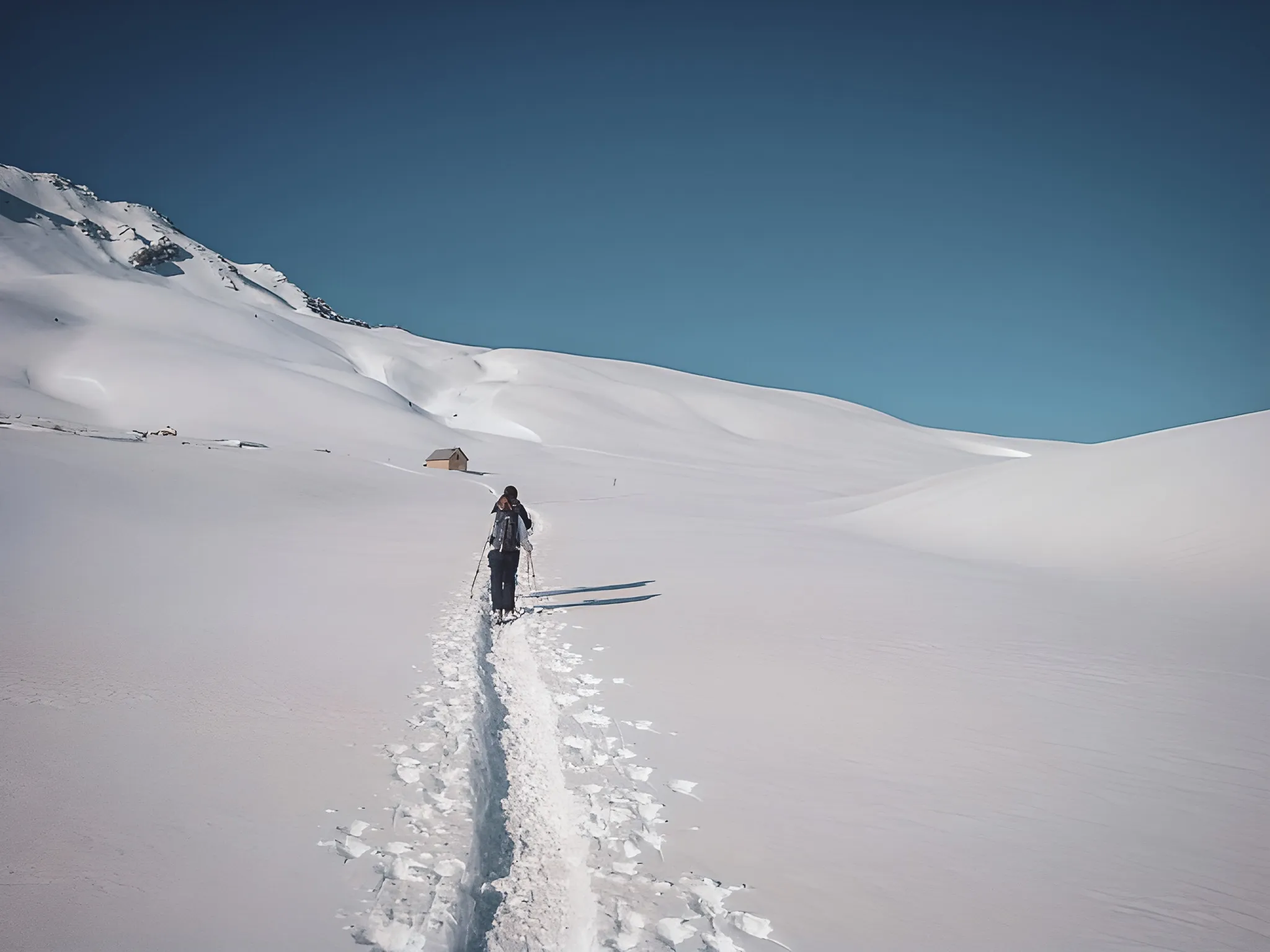Man walking on virgin snow, in front of mountains under a clear, sunny sky.