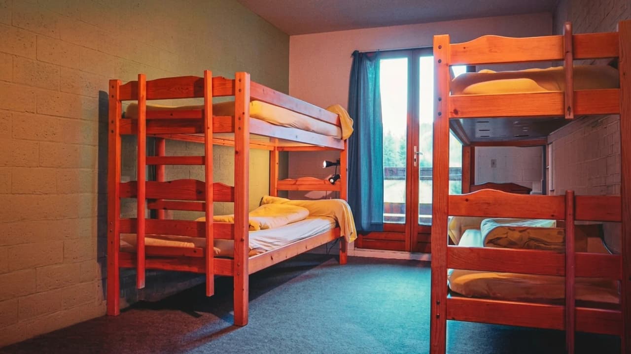 Chambre chaleureuse avec lits superposés, vue sur la nature, idéale après une aventure en montagne.