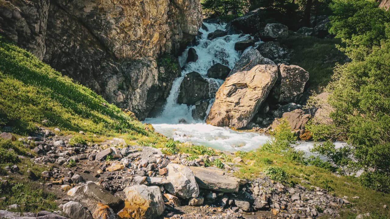 A tumultuous torrent rushes between the rocks and the lush greenery of the Écrins.