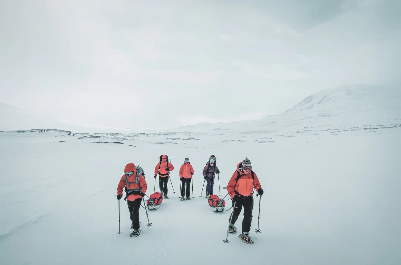 A group of adventurers on snowshoes, making their way through a snow-covered landscape in Swedish Lapland.