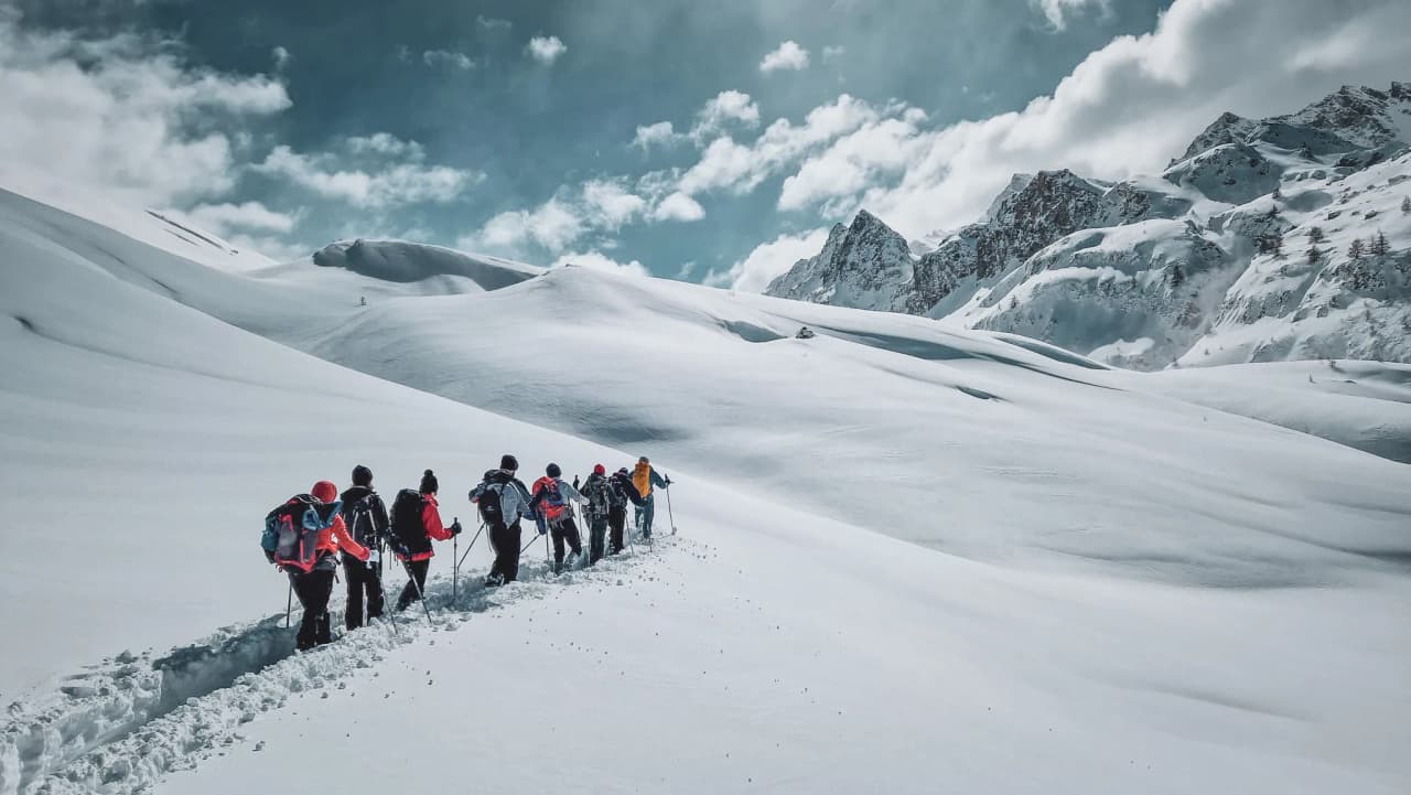 Groupe de randonneurs en raquettes sur un paysage alpin enneigé, avec des montagnes en arrière-plan.