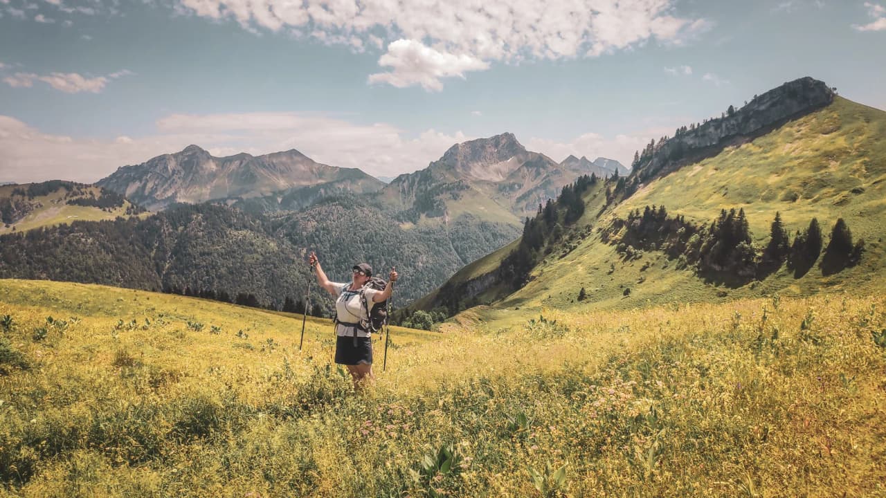 A cheerful hiker in a lush Alpine landscape, with majestic peaks in the background.