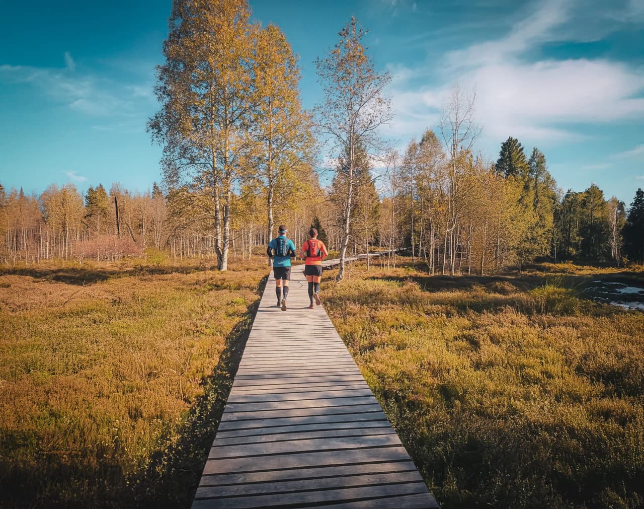 Een koppel rent over een houten pad, omringd door groene landschappen en blauwe luchten, een natuuravontuur.