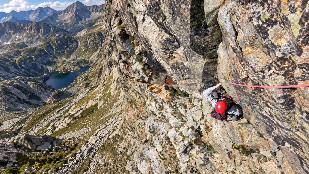 Een gewaagde klim op een rotsrichel in de Pyreneeën, met adembenemende landschappen op de achtergrond.