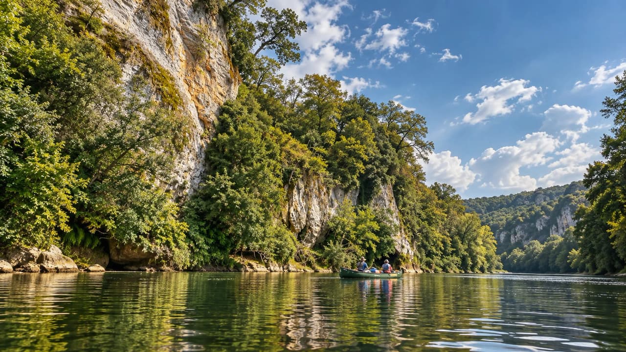 Canoë paisible sur la Dordogne, entouré de falaises verdoyantes sous un ciel ensoleillé.
