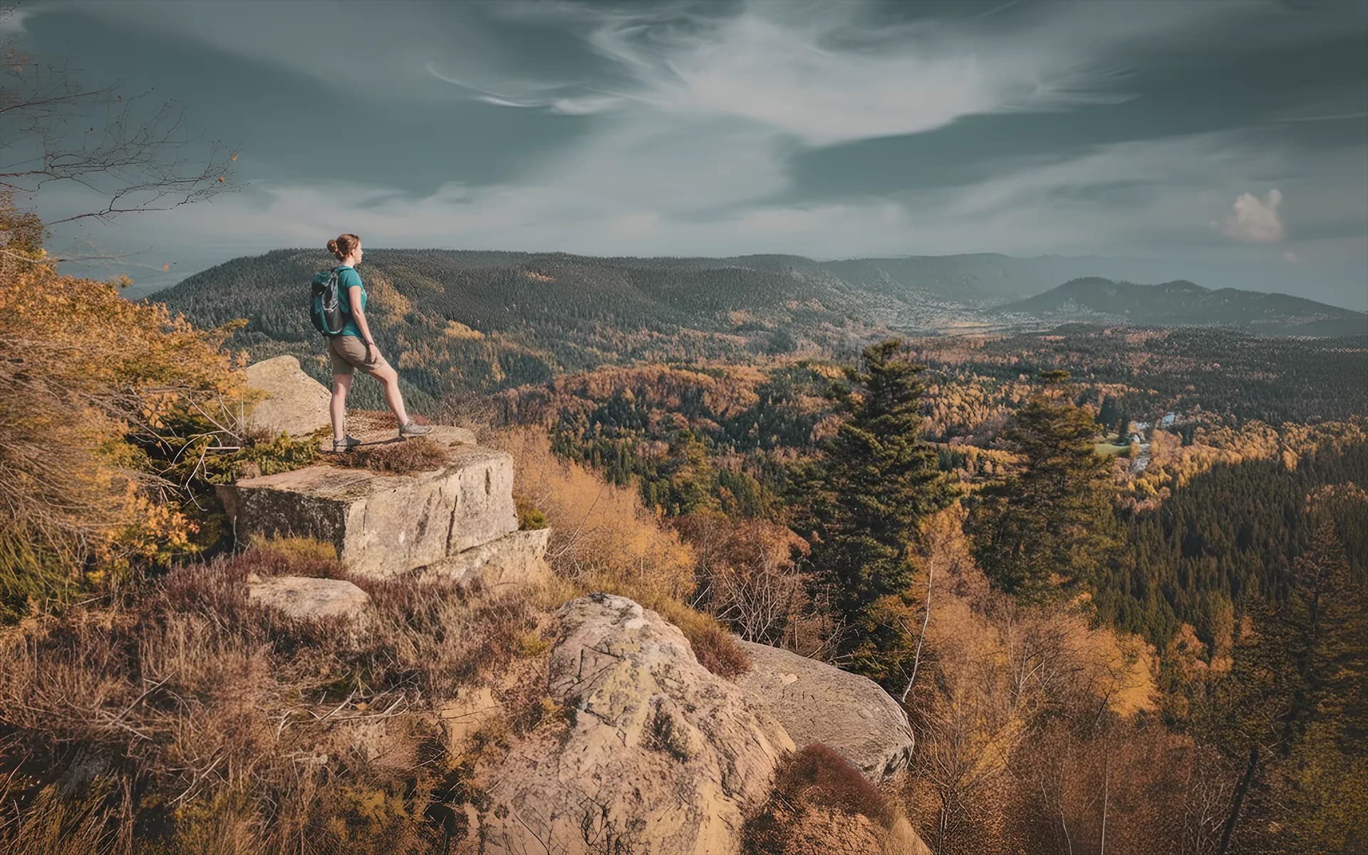 A hiker contemplating the colourful landscapes of the Vosges from a rock. An adventure in the heart of nature.