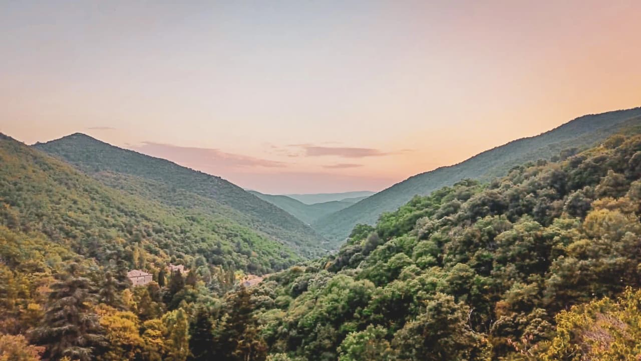 Vue panoramique des Cévennes : collines verdoyantes et ciel pastel invitant à l'évasion.