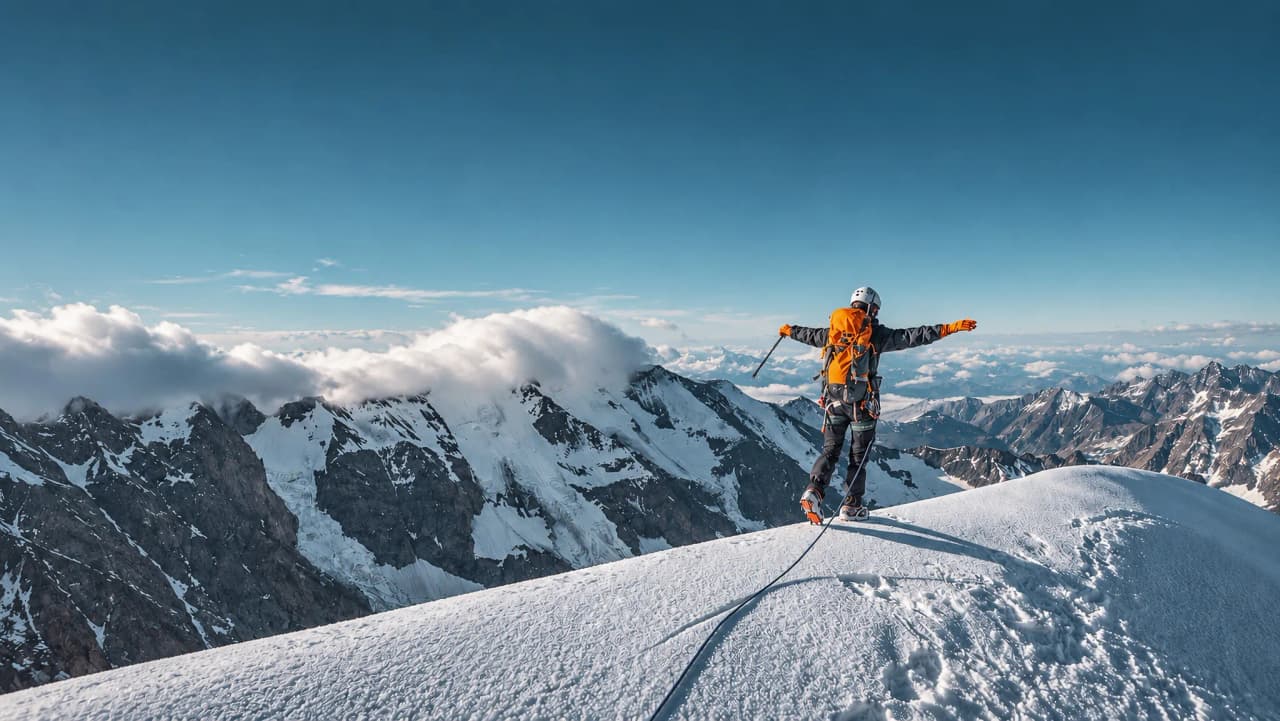 Bergbeklimmer op een besneeuwde bergtop, adembenemend uitzicht op de bergen en de wolken.
