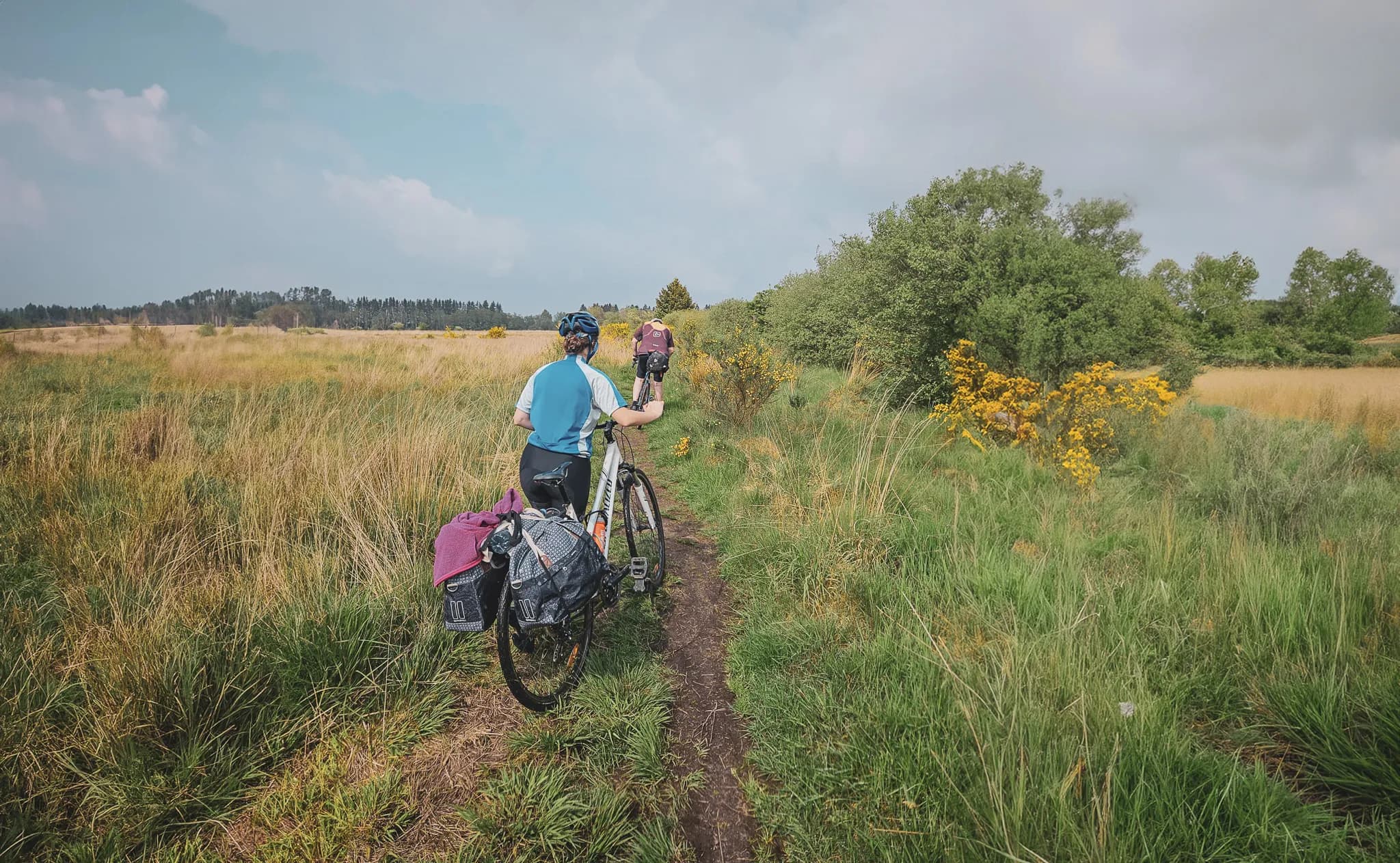 A narrow path winding through a field of tall grass and wild flowers, with two cyclists making their way along the track. The first cyclist is wearing a blue jersey and cap, and carrying bike bags.