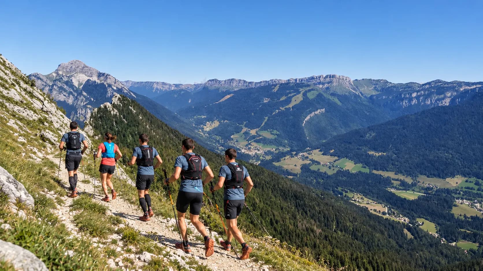 Groupe de traileurs parcourant un sentier ensoleillé, avec des paysages montagnards à couper le souffle.