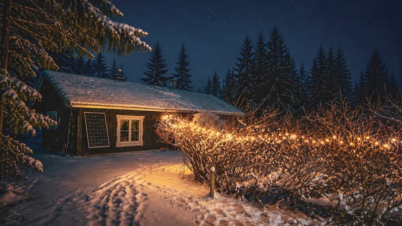 A cosy, illuminated chalet surrounded by snow and fir trees under a starry sky in Lapland.
