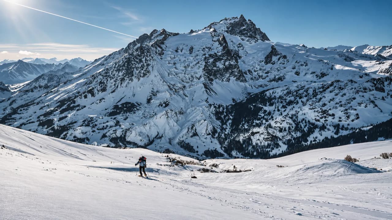 Een avonturier op sneeuwschoenen, met op de achtergrond de besneeuwde toppen van het Écrins-massief onder een stralende hemel.