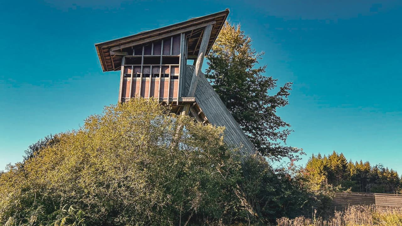 Torre d'observation moderne entourée de nature, parfaite pour écouter le brame du cerf en Ardenne.