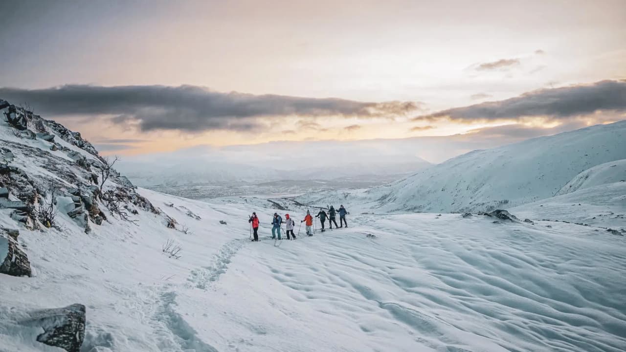Een groep sneeuwschoenwandelaars onder een arctische hemel, in een prachtig besneeuwd landschap.