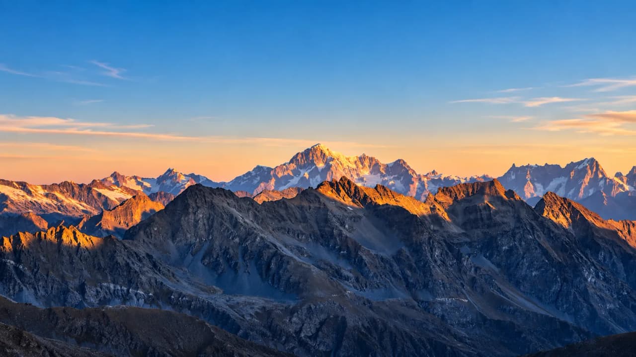 Vue panoramique majestueuse des sommets alpins au coucher de soleil, invitation à l'aventure.