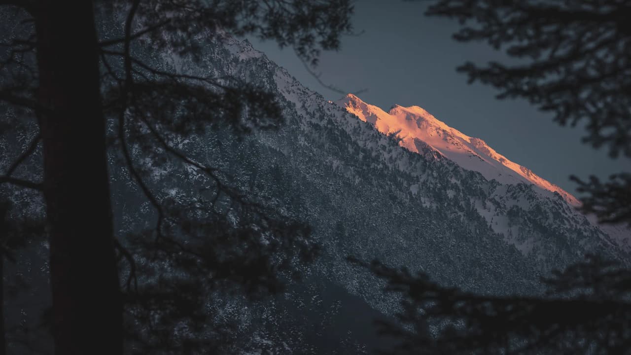 A majestic panel of the Pyrenees, illuminated by the setting sun and surrounded by snow-covered forests.