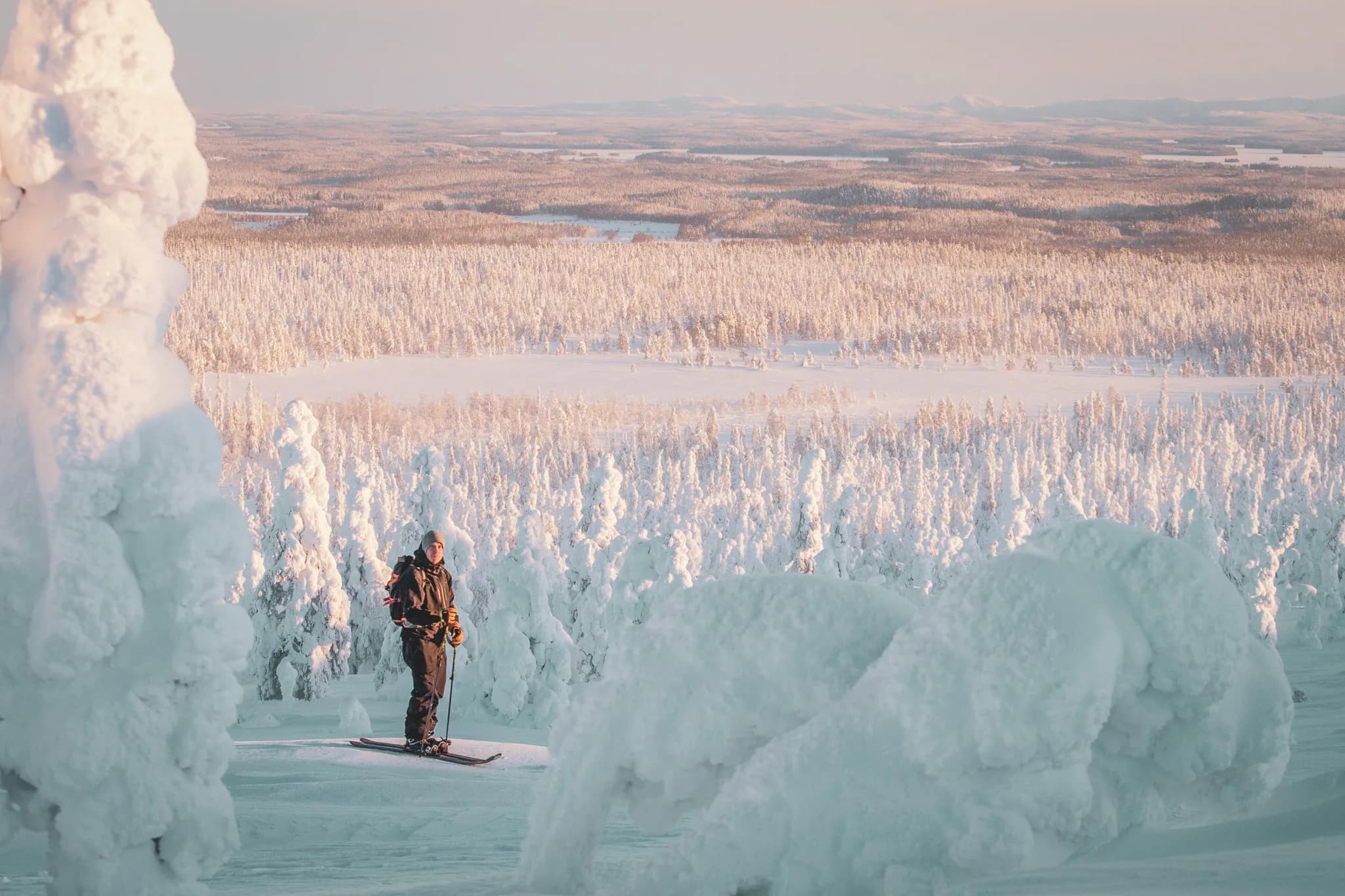 A skier stands on a snow-covered slope, surrounded by snow-covered trees that form a brilliant white forest. In the background, a vast expanse of winter landscape stretches out across the snow.