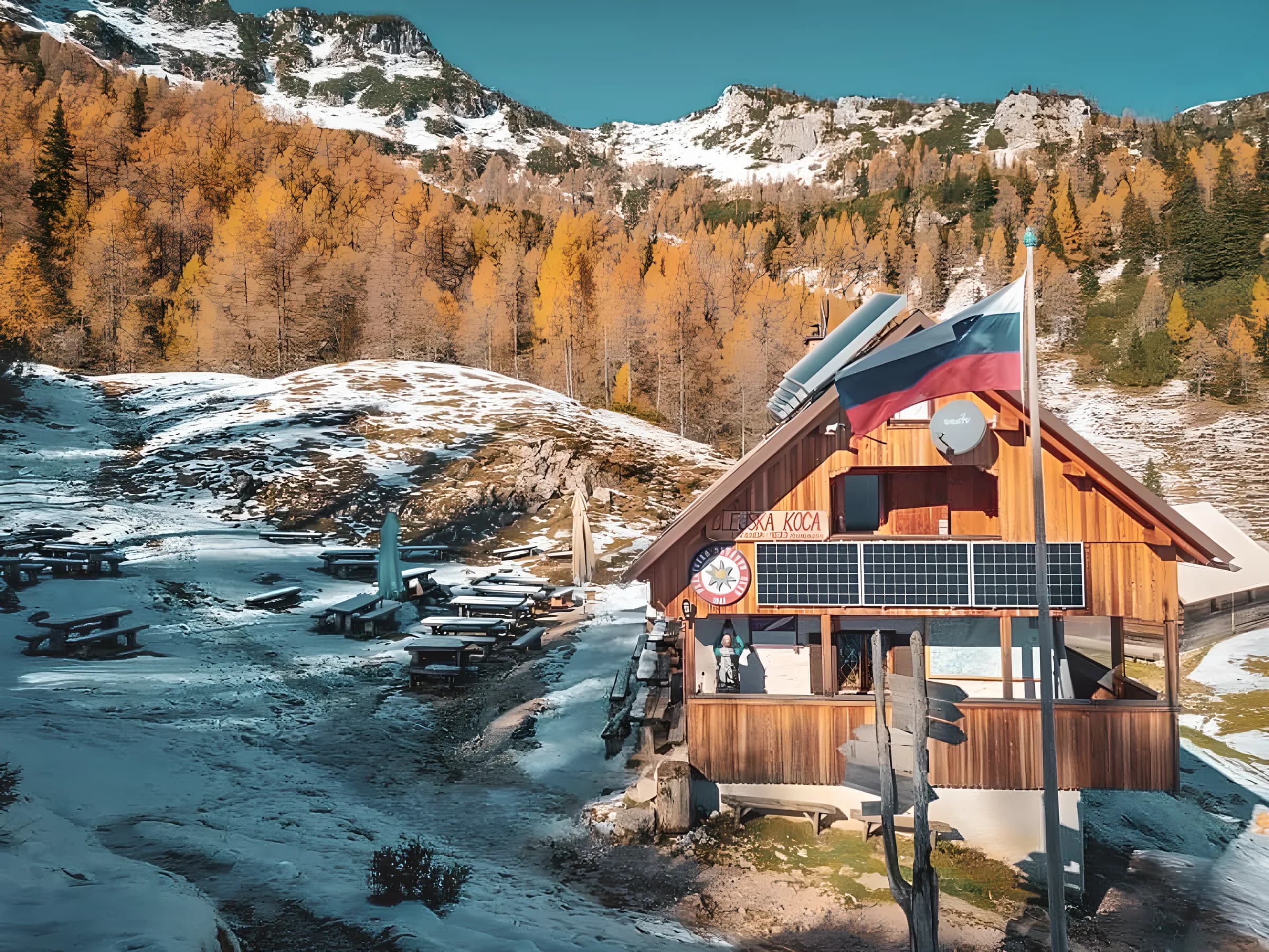 Chalet en bois au cœur des Alpes juliennes, entouré de forêts dorées et de neige scintillante.