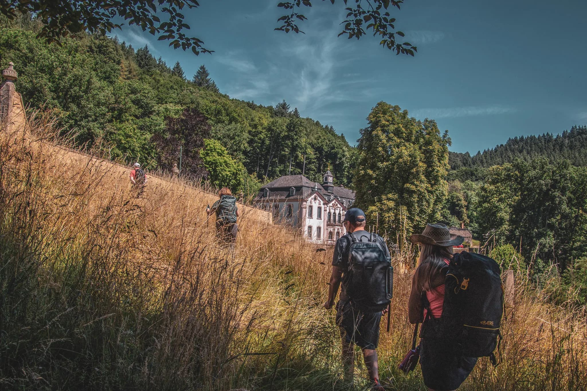 A group of four people are standing on a forest path, surrounded by tall trees and a natural stone wall in the background. The members of the group are wearing hiking clothes and carrying rucksacks. They appear to be engaged in