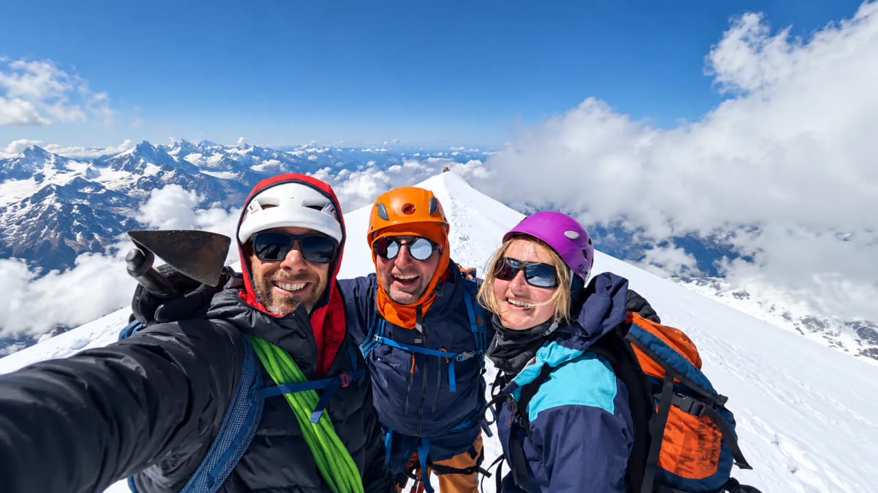 Trois alpinistes souriants au sommet enneigé, avec des montagnes majestueuses en arrière-plan.