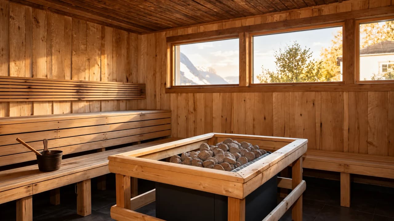 Intérieur d'un sauna en bois, baigné de lumière, offrant une vue sur la nature sérène.