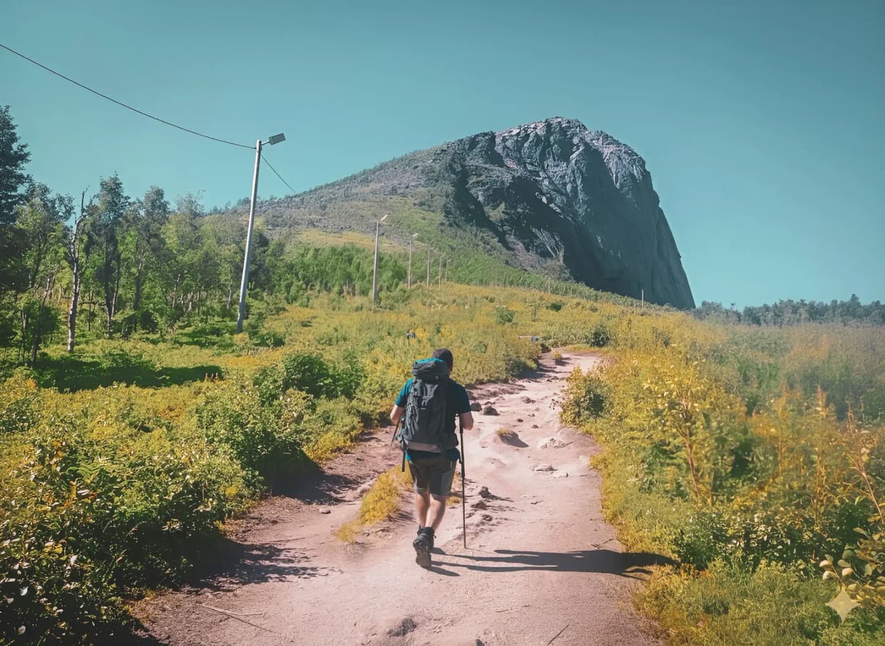Un randonneur explore un sentier verdoyant menant à des sommets majestueux sur l'île de Senja.