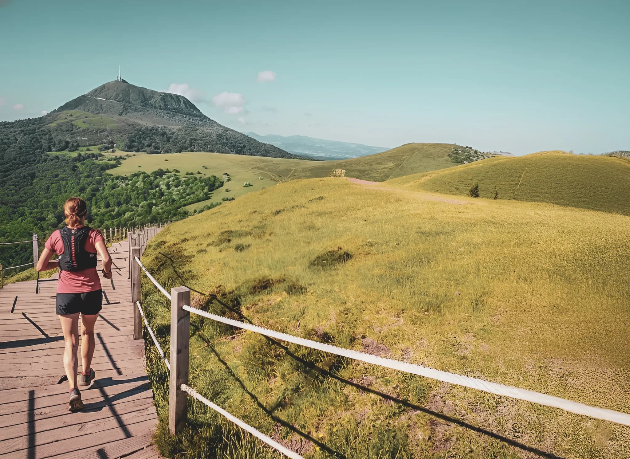 Vrouw rent over een bospad in de Auvergne, met groene heuvels en een vulkaan op de achtergrond.