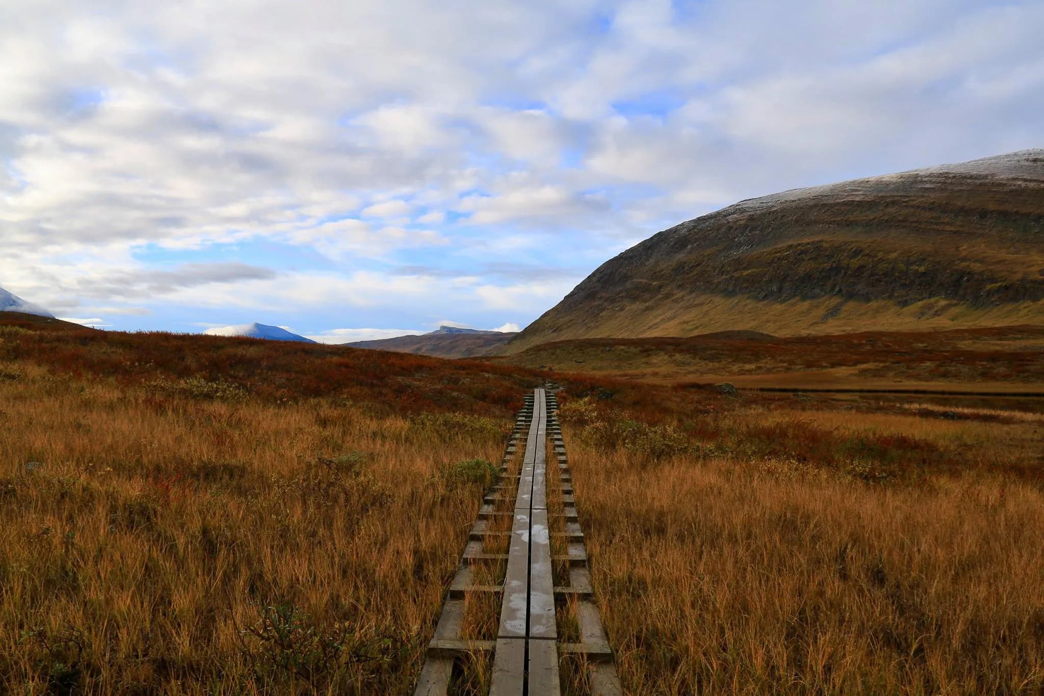 A wooden path stretches across an undulating landscape, surrounded by fields of golden earth and vegetation, lightly coloured in autumnal hues. In the distance, mountains loom under a bare sky.