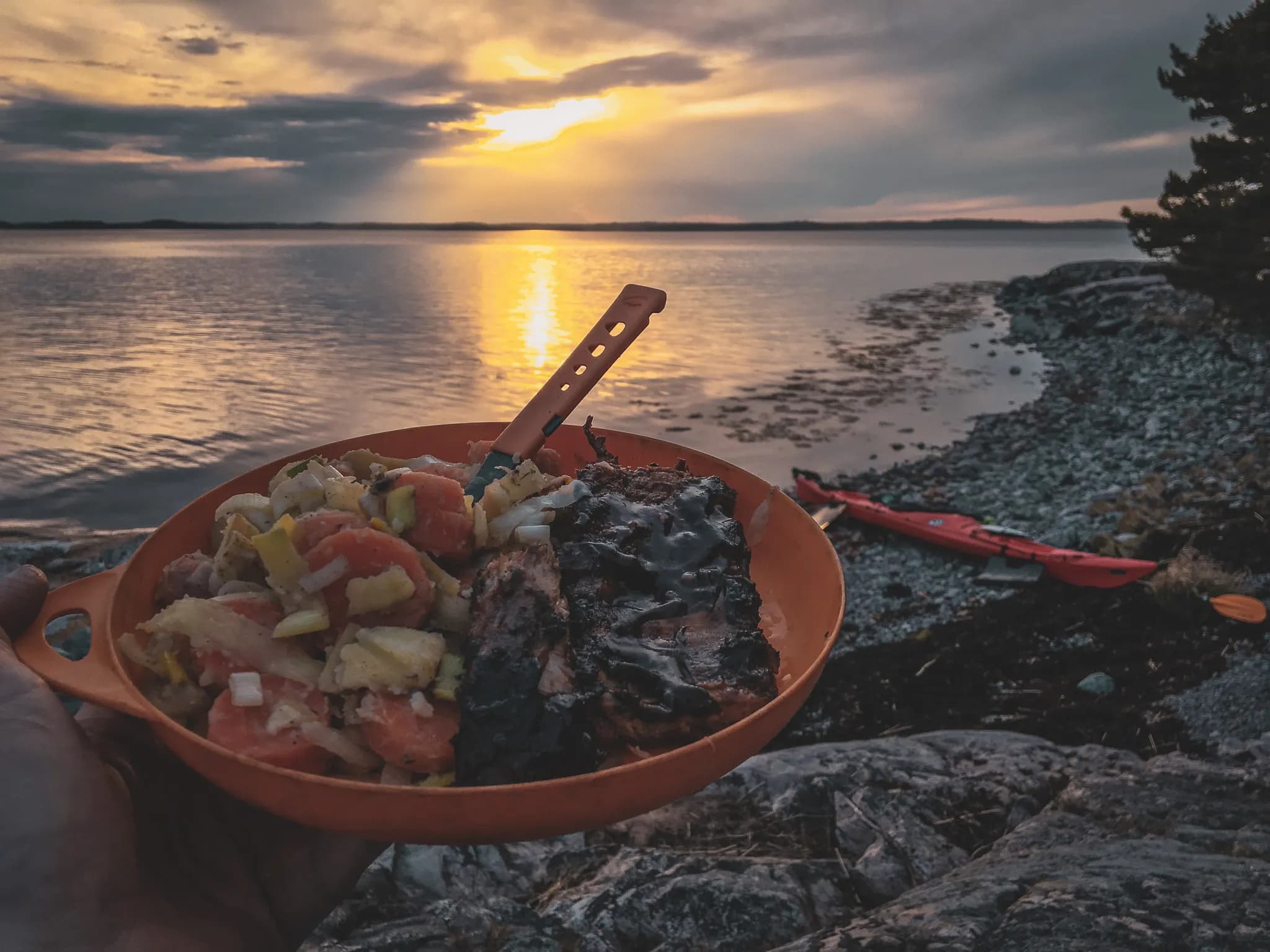 A plate of food is held in one hand, with a panoramic view of a seascape. The orange plate contains a mix of vegetables, including chunks of tomato, carrot and other ingredients, as well as a piece of