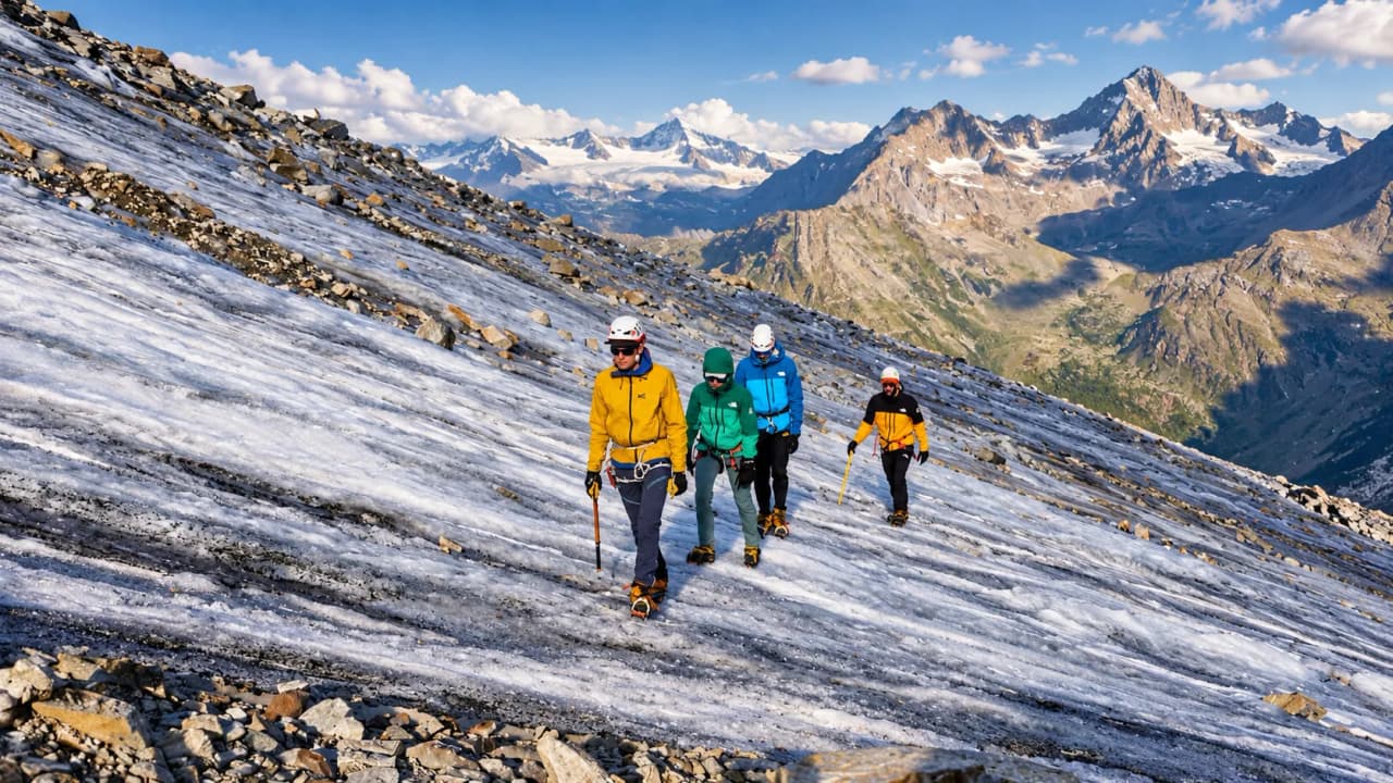 Groupe d'alpinistes en pleine ascension sur un glacier, avec des montagnes majestueuses en arrière-plan.