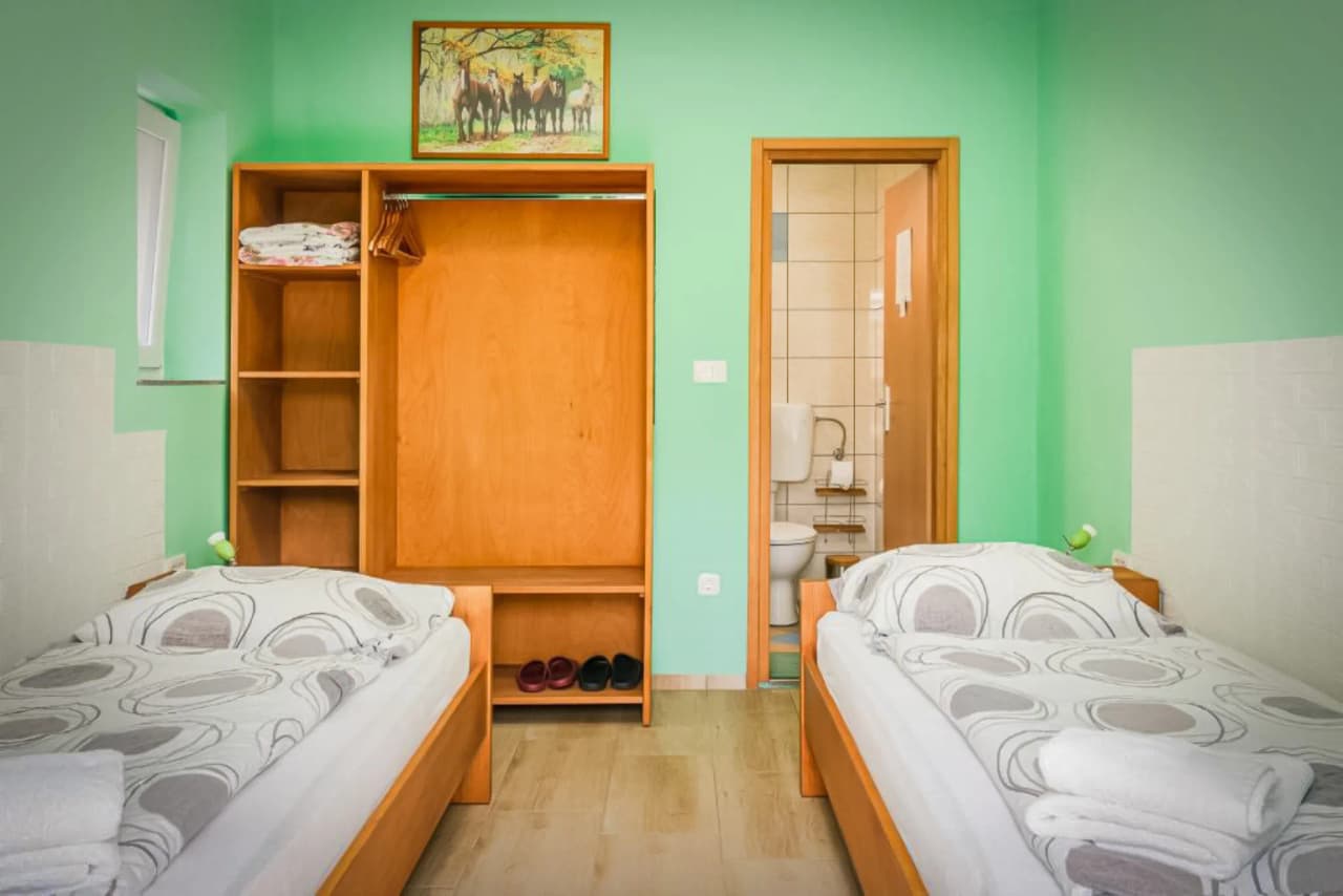 A hearty meal is laid out on a wooden table, with a panoramic view of mountains and green meadows. Plates of fresh fruit, cooked dishes and drinks are available,