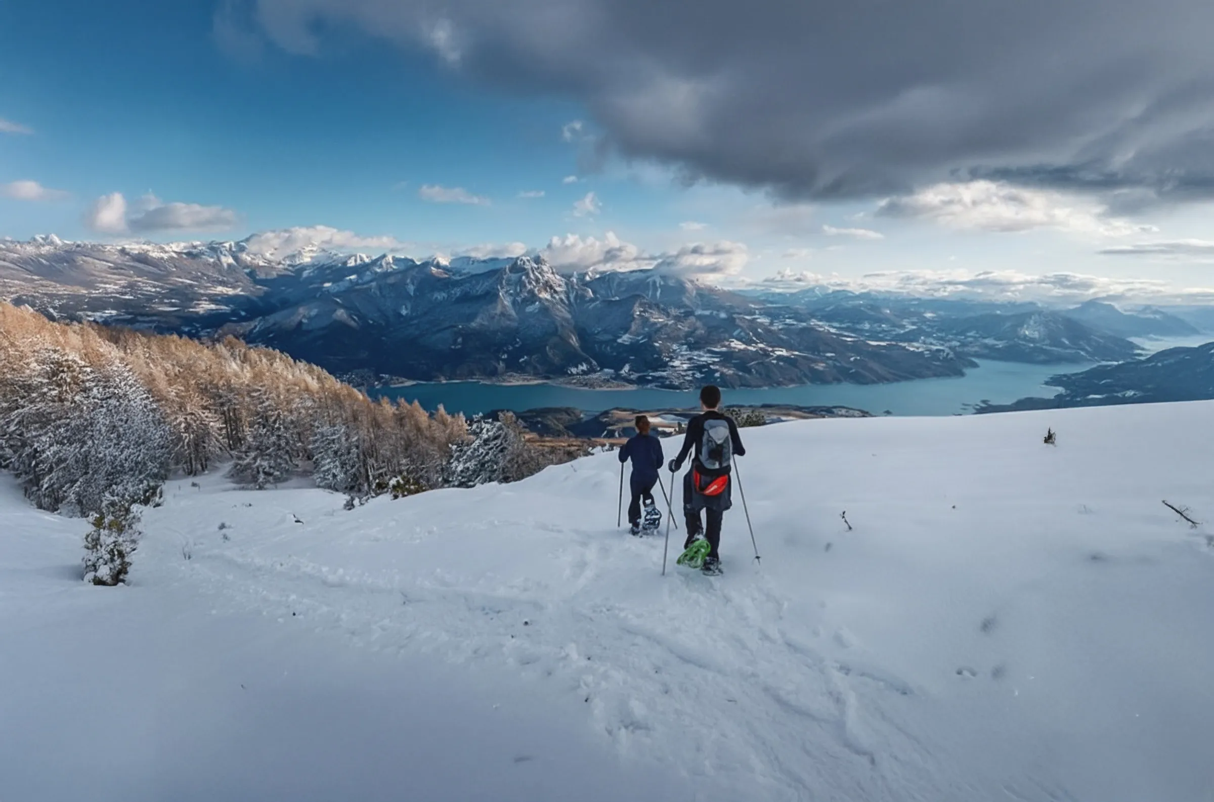 Deux randonneurs en raquettes avancent dans un paysage enneigé, avec le lac de Serre-Ponçon et les montagnes en arrière-plan.
