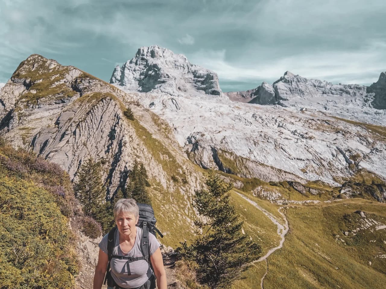 Een wandelaar op een alpenpad, omringd door majestueuze bergen en weelderige groene landschappen.