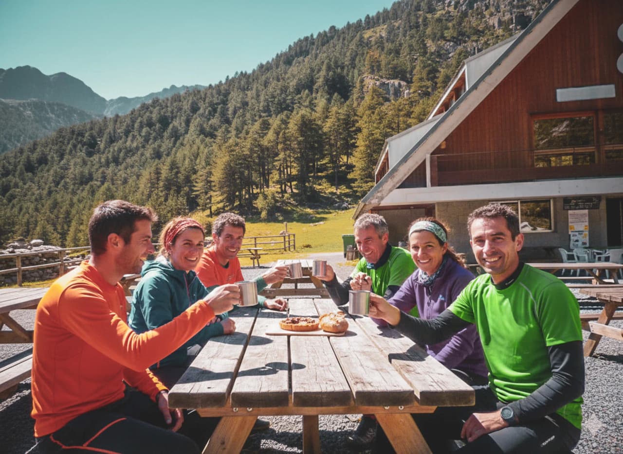 Un groupe de randonneurs profite d'une pause conviviale dans les Pyrénées, devant des montagnes majestueuses.