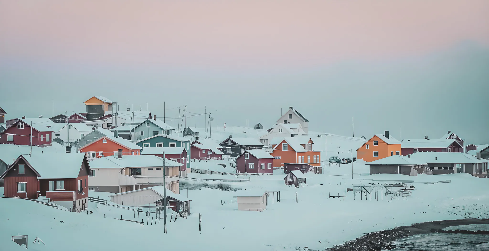 Colourful houses stand out against a snow-covered landscape, an invitation to Lapland adventure.
