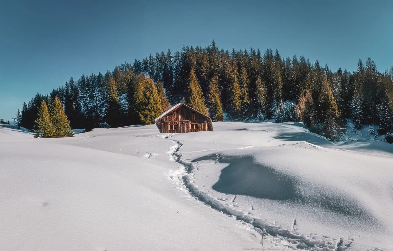 A wooden chalet stands in the centre of a vast snow-covered landscape, surrounded by mountains. The immaculate snow-covered ground is gently undulating. In the background, a forest of conifers